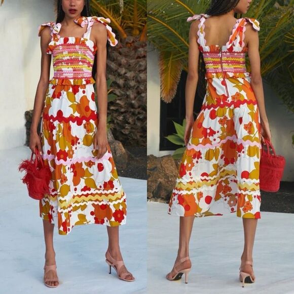 CeliaB Floral Sunstone Midi Dress Size Large Colorful Tie Straps Tiered - Picture 1 of 7